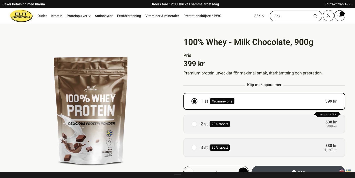 Elit whey product page showing quantity offers and pricing