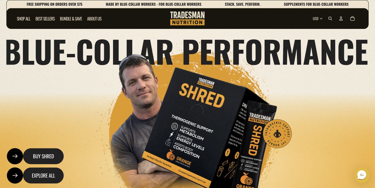 Tradesman Nutrition homepage with product and brand messaging