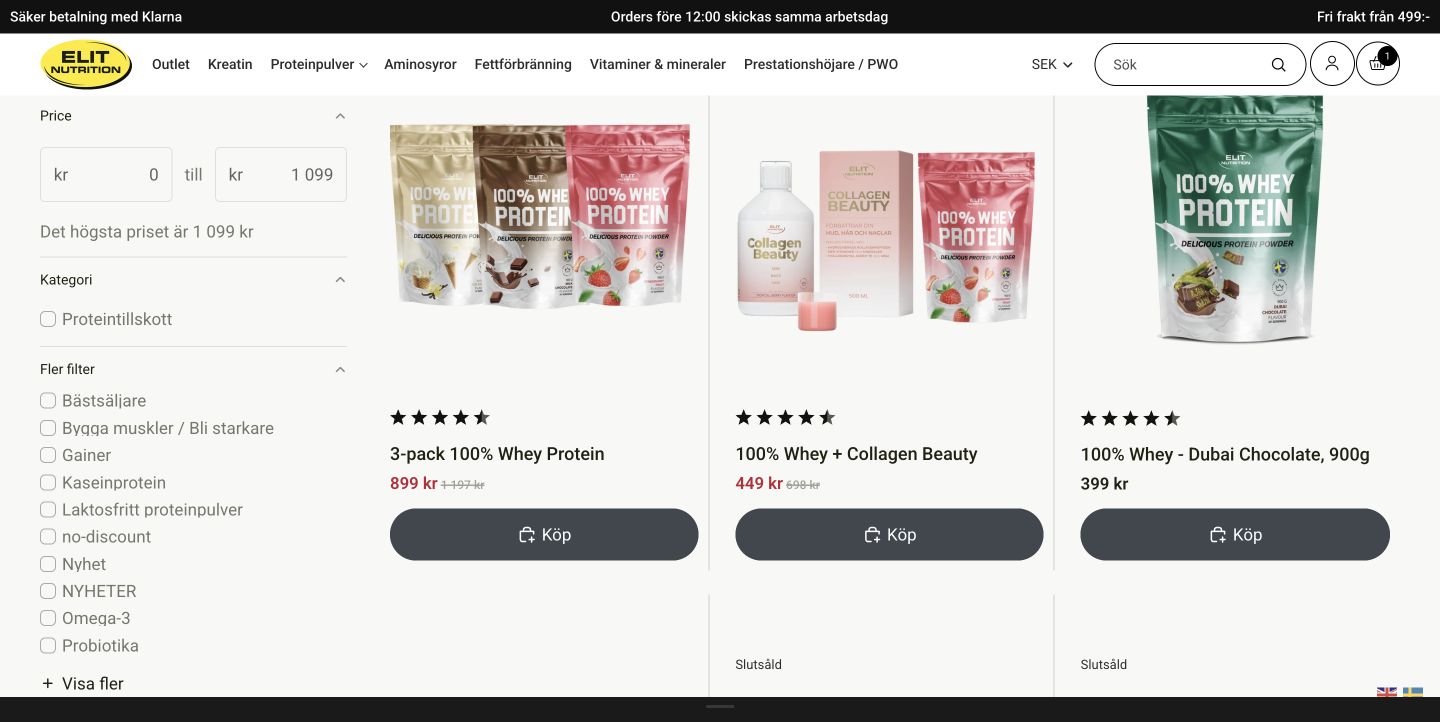 Elit Store protein collection and shopping filters