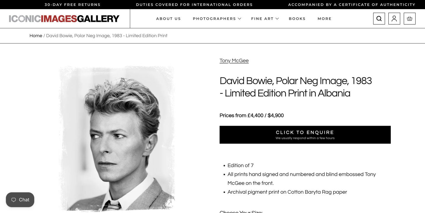 Iconic Images David Bowie product page with artist, edition details and enquiry button