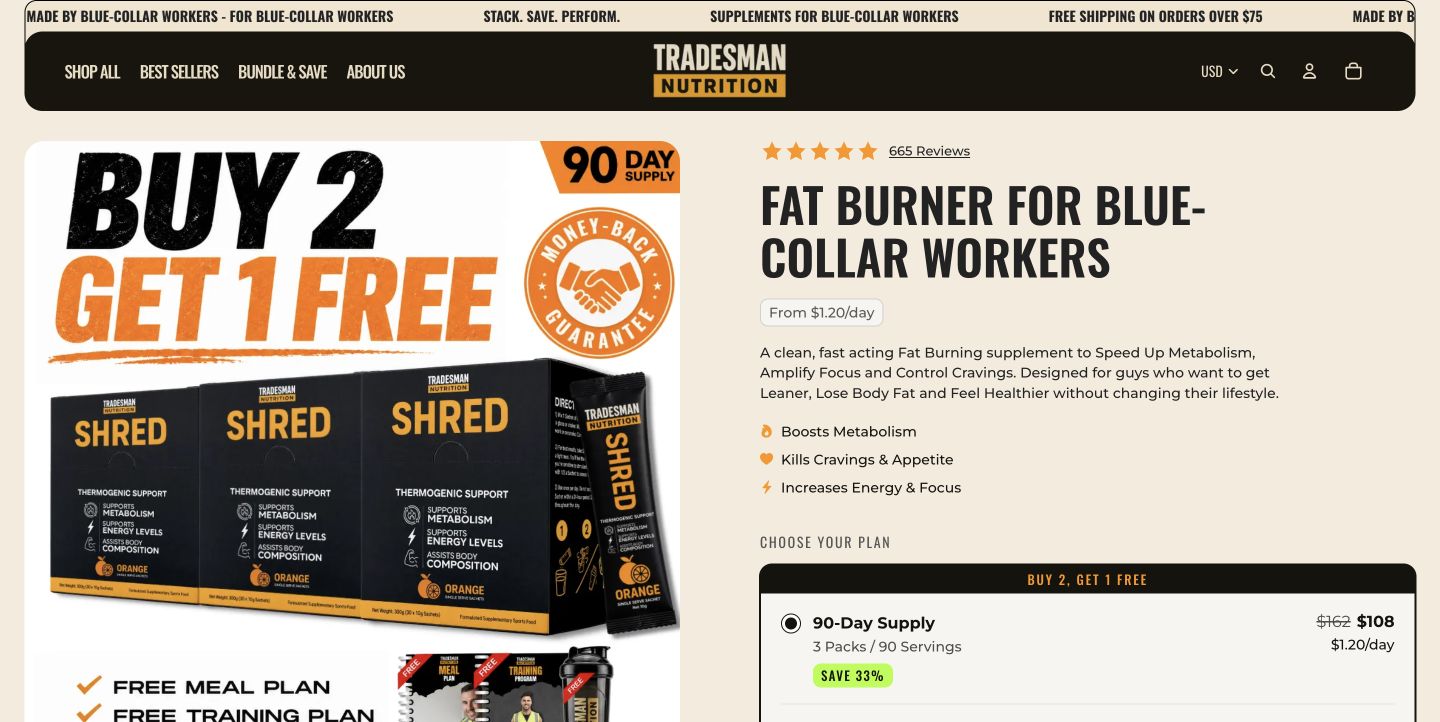 Tradesman Shred product page with reviews, benefits and supply options