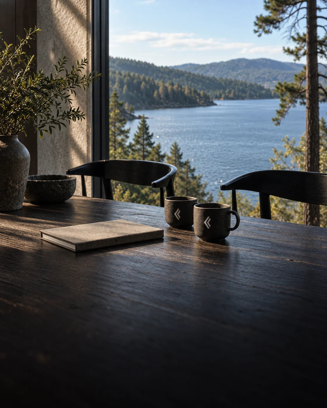 Two Hi Ecom mugs and a notebook in a quiet studio overlooking the lake