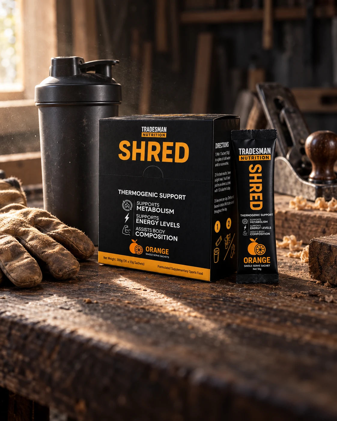 Tradesman Nutrition supplements on a workshop bench